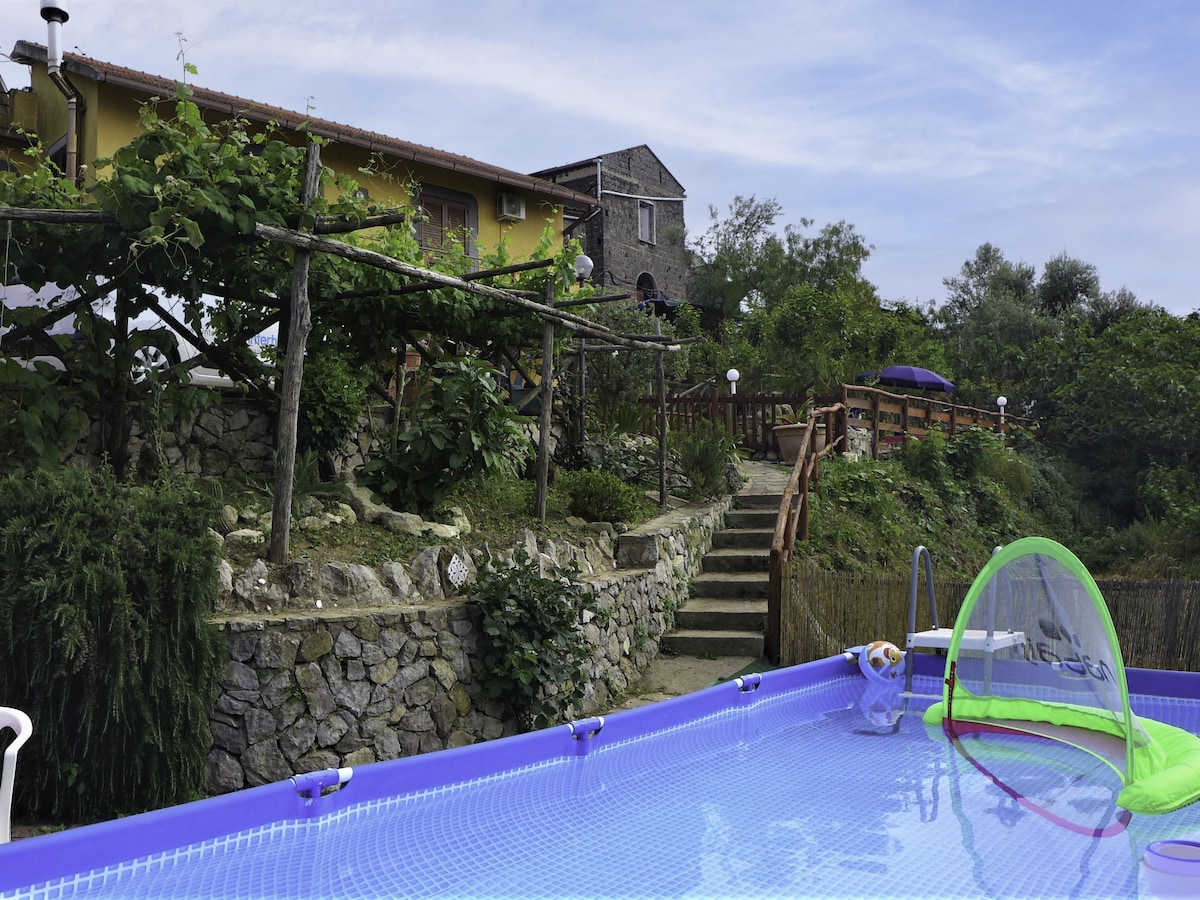An above-ground swimming pool is framed by a stone wall and lush greenery, promoting a serene outdoor setting. A pathway leads to a hillside house, with vibrant furnishings nearby. Sun loungers are positioned along the pool's edge, offering space for relaxation.