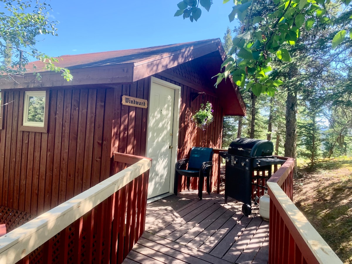 The exterior of the Windward Cabin is shown, featuring wooden siding and a welcoming entrance. A small porch with a sturdy railing leads to the door, while a gas grill and chairs are positioned for outdoor enjoyment. Surrounding trees enhance the secluded atmosphere.