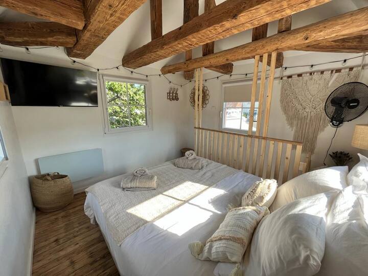 إطلالة أخرى على غرفة النوم مع تلفزيون بشاشة مسطحة عالية الدقة