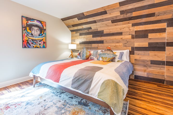 Upstairs bedroom with a king sized bed