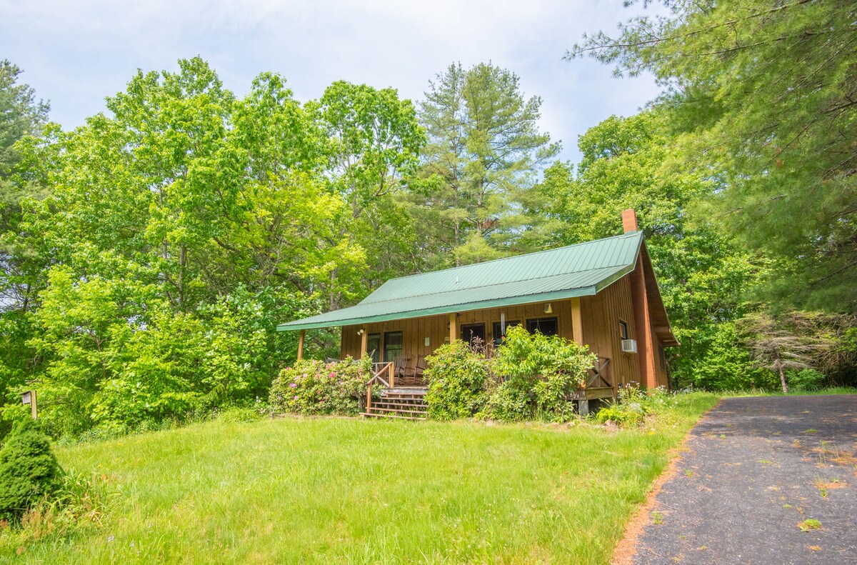 The cabin features a wooden exterior with a green metal roof, surrounded by lush greenery and trees. A front porch with steps leads to the entrance, while a spacious yard is visible, offering a peaceful and private setting.