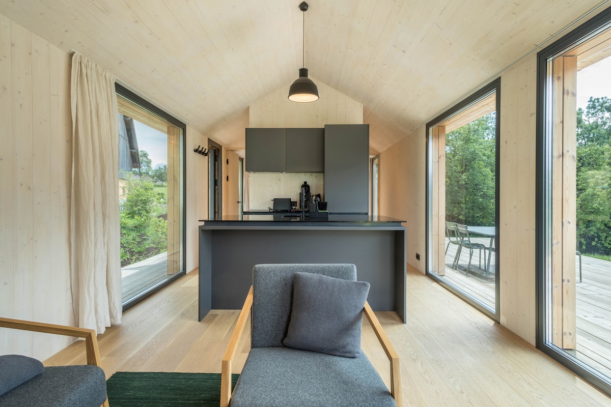 A modern kitchen area is highlighted by a sleek black counter and minimalist cabinetry. Ample natural light floods through expansive glass windows, creating a bright and airy atmosphere. A cozy seating arrangement is positioned nearby, enhancing the open layout that connects indoor and outdoor living.