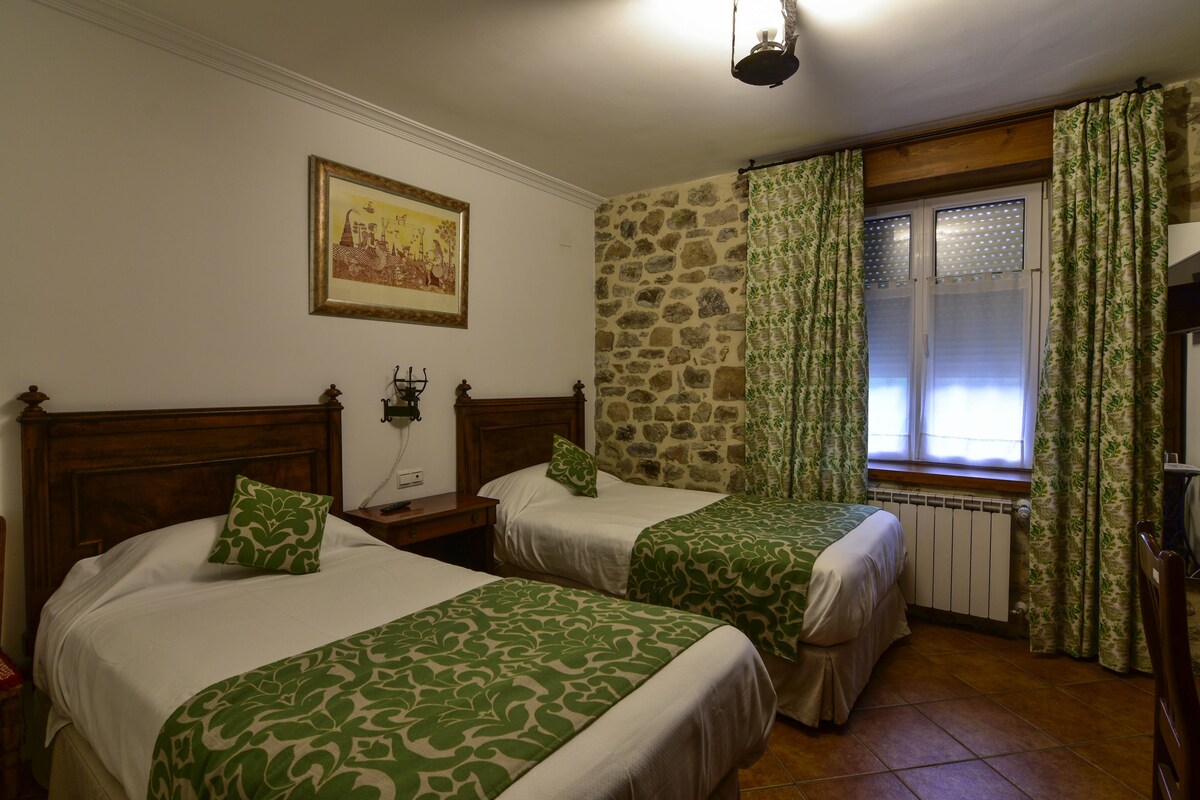 A room is furnished with two individual beds, each adorned with green decorative pillows. A stone wall adds texture to the space, complemented by curtains featuring a floral pattern. Natural light filters in through the window, enhancing the room's cozy ambiance.
