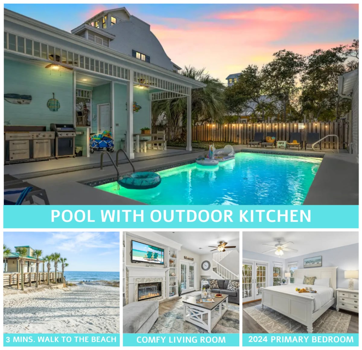 A spacious private pool is surrounded by an outdoor kitchen equipped with a gas grill, griddle, and mini-fridge. The pool area is illuminated, set against a sunset backdrop. Lounge chairs offer comfort for relaxation, while palm trees provide a tropical ambiance.