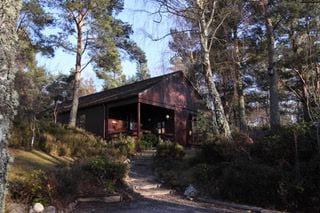 The exterior of a lodge is framed by tall trees and lush greenery. A stone pathway leads to the entrance, where a covered porch provides a welcoming space. The building is constructed with dark wood, blending with its natural surroundings.