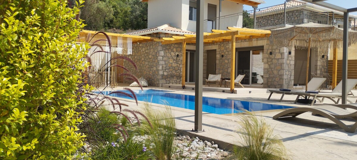 A serene outdoor area features a clear swimming pool surrounded by lounge chairs and sun umbrellas. Natural elements such as shrubs and decorative grasses are present, contributing to the tranquil setting. Stone and wooden structures complement the landscape for a cohesive design.
