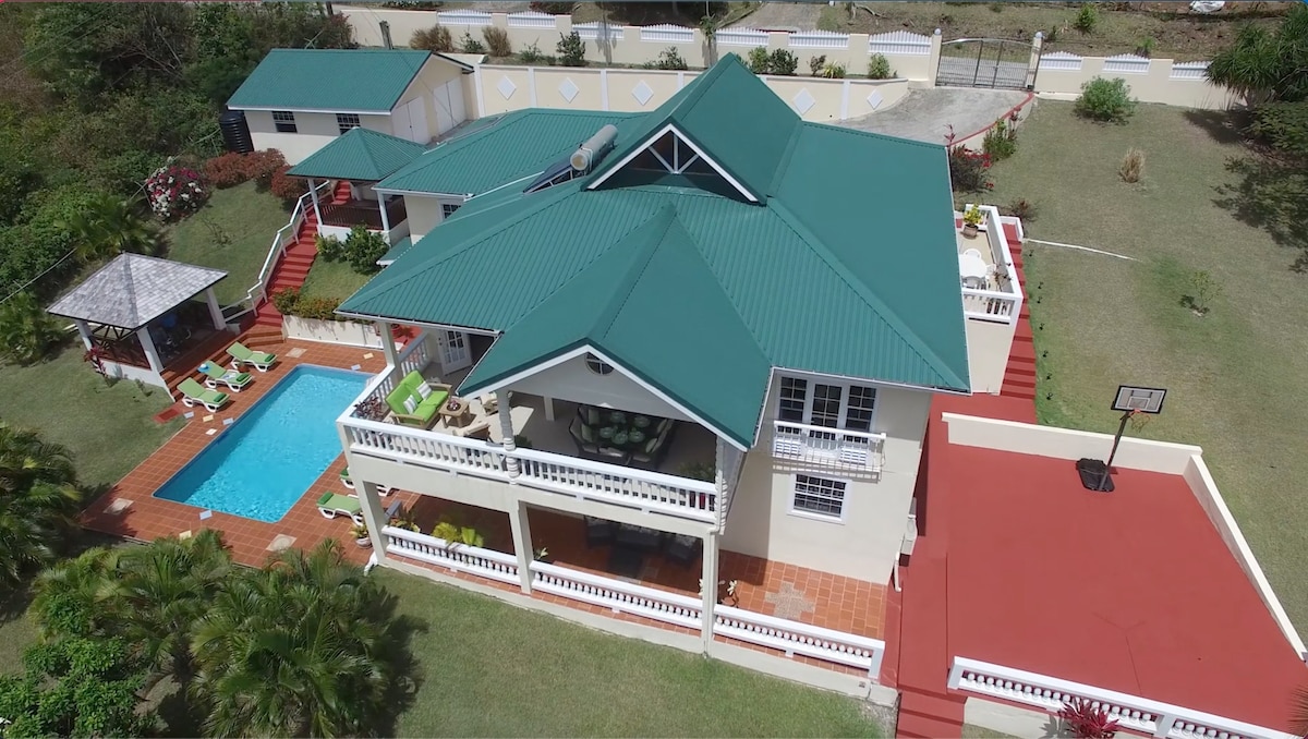 An aerial view of Villa Decaj showcases its spacious layout, accentuated by a turquoise swimming pool surrounded by lounge chairs. The distinctive green roof complements the vibrant outdoor areas, including a mini basketball court and lush gardens. Several patio spaces are visible for relaxation.