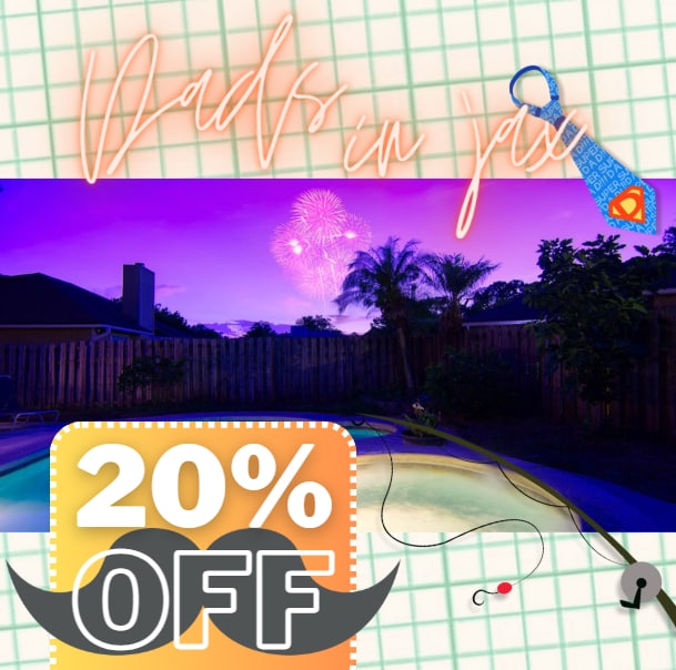 A serene backyard scene is visible featuring a glimpse of a pool surrounded by foliage. Colorful fireworks light up a twilight sky, enhancing the atmosphere. A promotional banner in the foreground indicates a 20% discount.