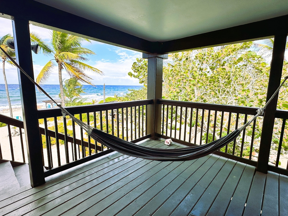 A spacious balcony features a hammock hanging between wooden posts, overlooking the vibrant greenery and the blue ocean. The tranquil view is complemented by tropical palm trees swaying in the breeze, providing a serene atmosphere for relaxation.