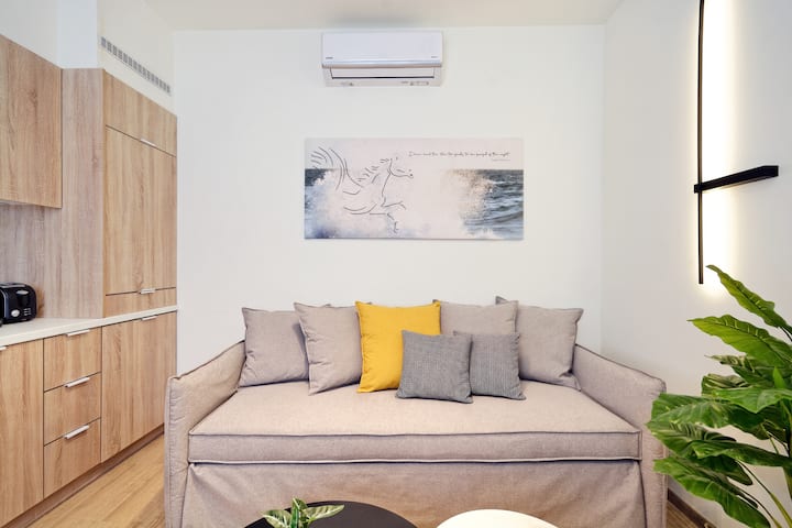 Ambienti i ndenjes është i pajisur me një divan komod dhe një A/C