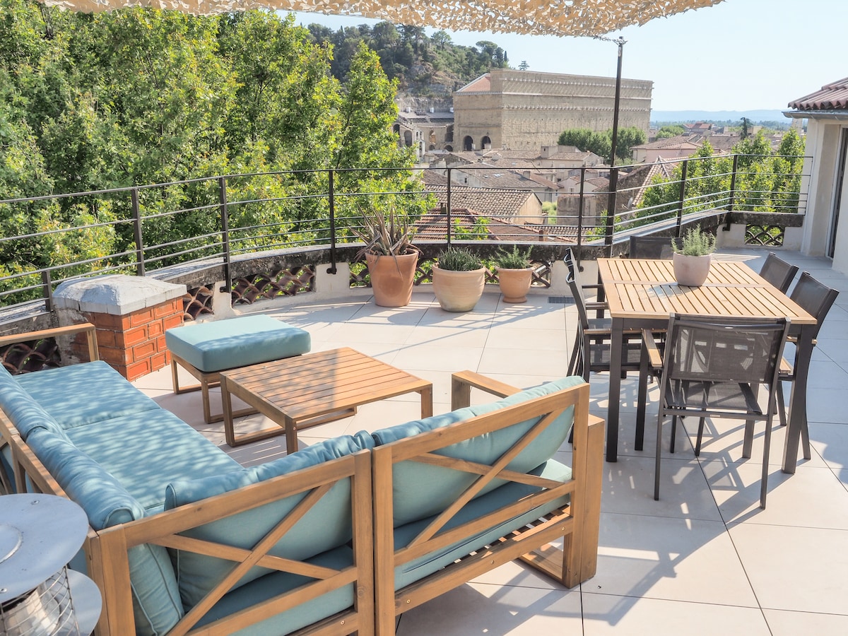 A spacious rooftop terrace features a comfortable seating area with a blue sofa and wooden coffee table, alongside a dining set with a wooden table and several chairs. Numerous potted plants add a touch of greenery, while a panoramic view of the city and its historic buildings is visible.