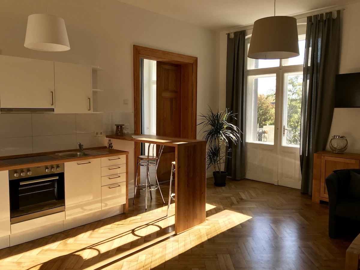 A bright living space features an open kitchen with modern appliances and a wooden island. Sunlight streams through large windows, illuminating the room. A potted plant adds a touch of greenery, while stylish light fixtures hang from the ceiling. Light wood flooring enhances the spacious feel.