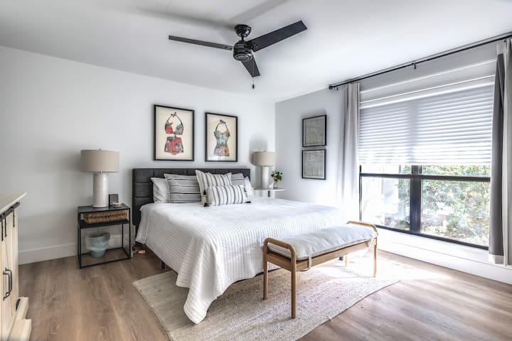 Main bedroom with a king bed and private bathroom. 