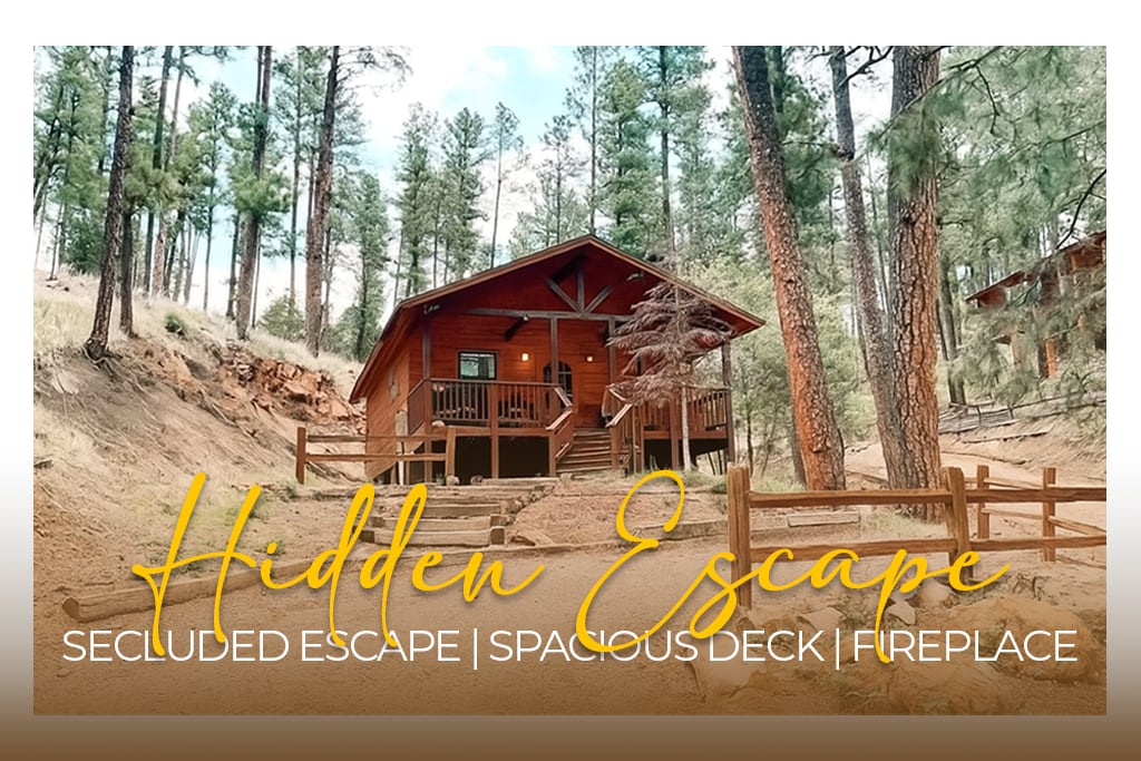 A wooden cabin, featuring a spacious deck, is nestled among tall trees in a serene setting. The entrance is accessible via steps leading up to the porch, offering a peaceful retreat surrounded by nature.