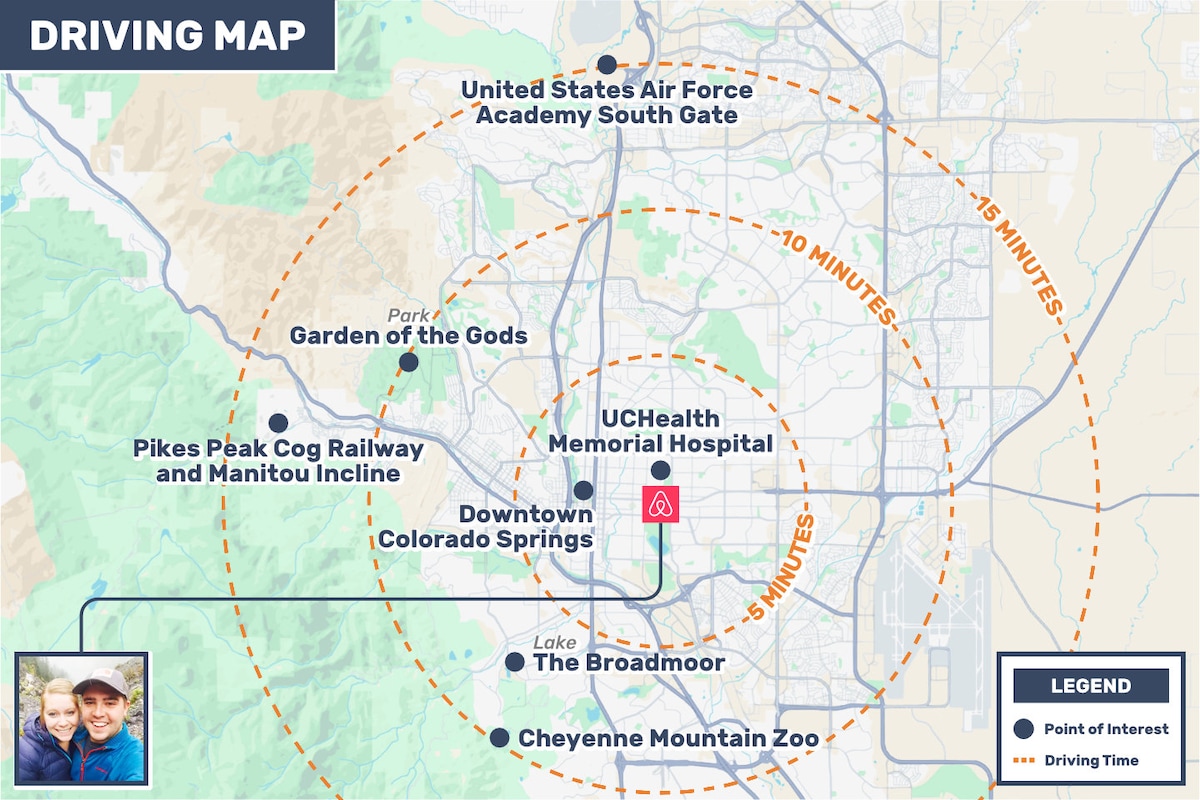 A map displays the surrounding area of the rental. Key landmarks include the United States Air Force Academy and Memorial Hospital, with highlights for attractions such as Garden of the Gods and Pikes Peak Cog Railway. Driving times to various points of interest are indicated.