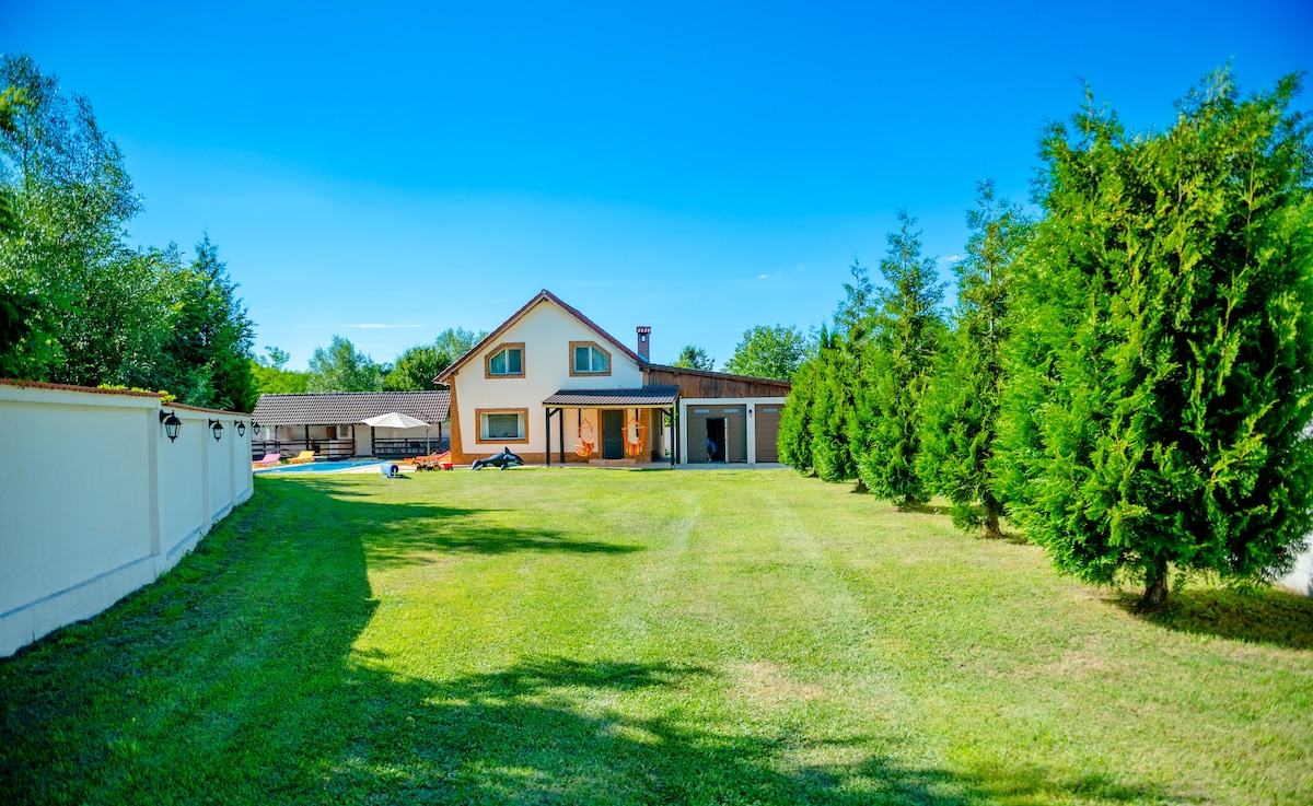 A spacious house is set against a clear blue sky, surrounded by a well-manicured lawn and tall green trees. The property features a combination of outdoor areas, with a driveway leading to the entrance and additional structures visible in the background.