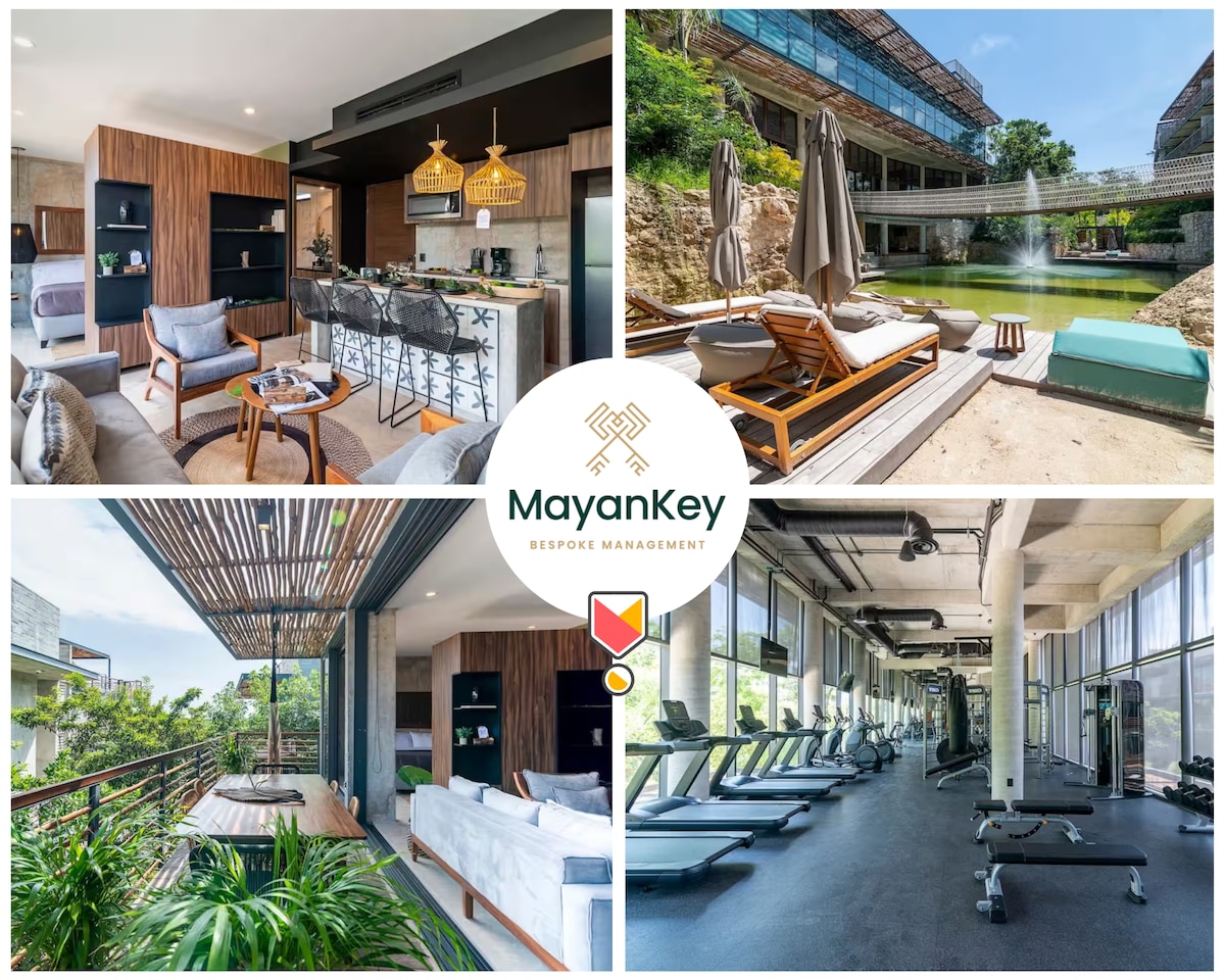 The image displays a collage of living spaces and amenities. A modern living area features stylish decor with a comfortable seating arrangement. The kitchen area is elegantly designed, with chic lighting above. Outdoor lounge chairs are set against the serene backdrop of a natural cenote. A bright gym space is showcased with various workout equipment and large windows providing ample natural light.