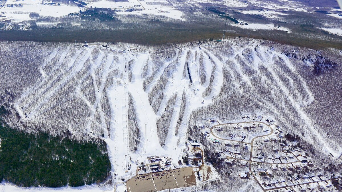 A winter landscape showcases a ski resort surrounded by snow-covered trees. The slopes are visible with trails marked by groomed paths, while a small residential area is located at the base of the hill. The expansive view highlights the serene, snowy environment.