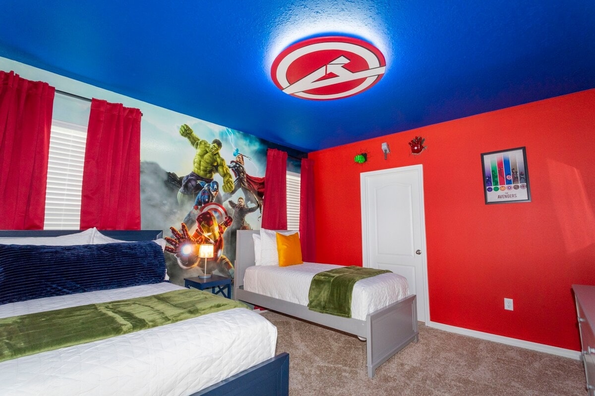 Welcome to the kids' room adorned with delightful Avengers decor and an individual bed  and full size bed for every kids comfort! —a magical space designed to turn vacation time into an enchanting experience for your little ones. 
