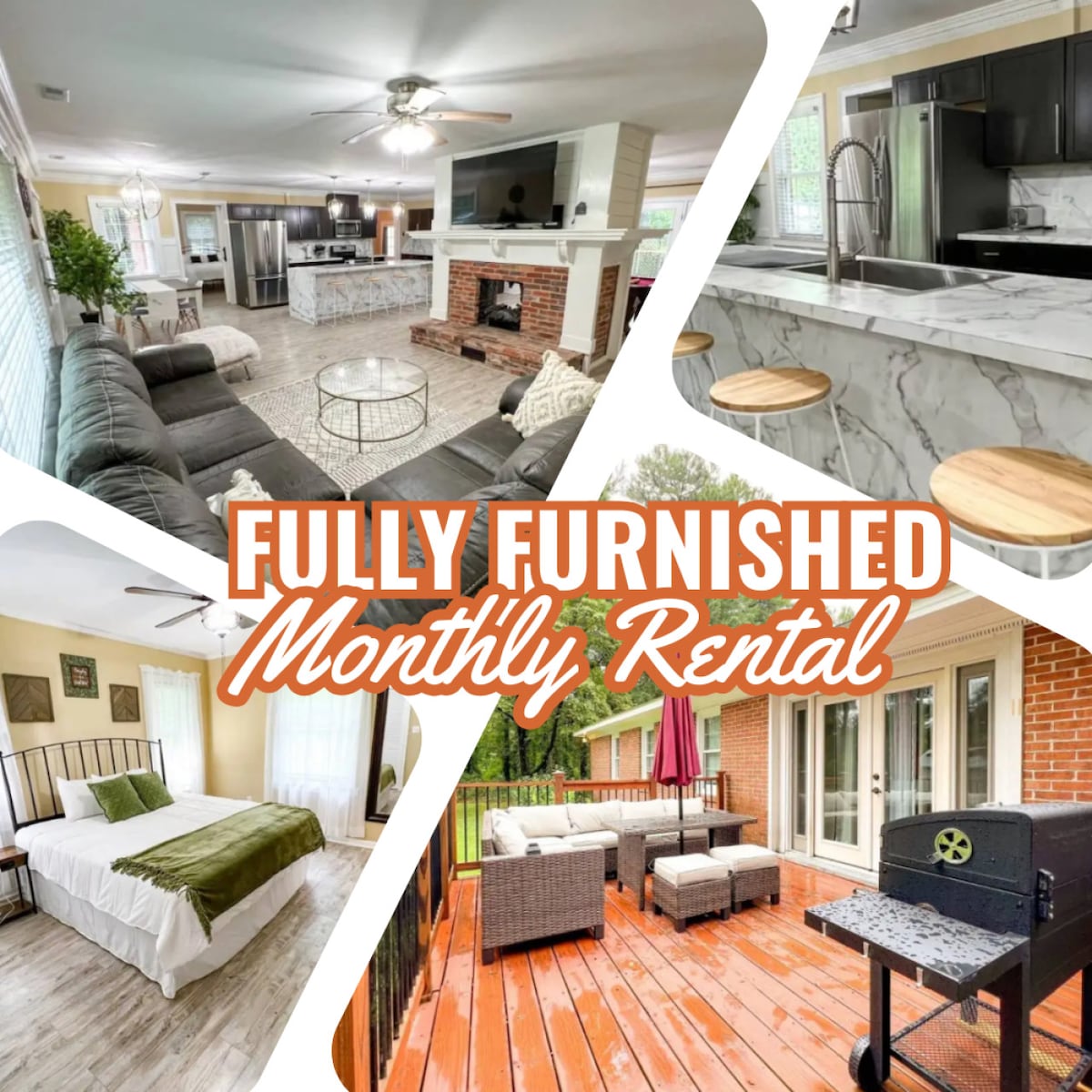 An inviting living space features comfortable seating arranged around a brick fireplace. The kitchen showcases a sleek marble countertop and modern appliances. A cozy bedroom includes a spacious bed adorned with soft linens. The outdoor deck is furnished with seating, ideal for relaxation and gatherings.