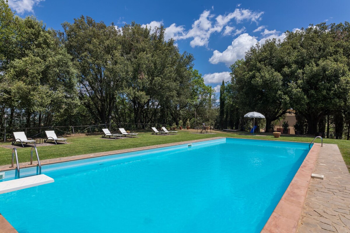 A large swimming pool with clear blue water is surrounded by a grassy garden. Several deck chairs are arranged neatly along the edges, and a sun umbrella is seen providing shade in one corner. Verdant trees outline the background, contributing to a serene outdoor setting.
