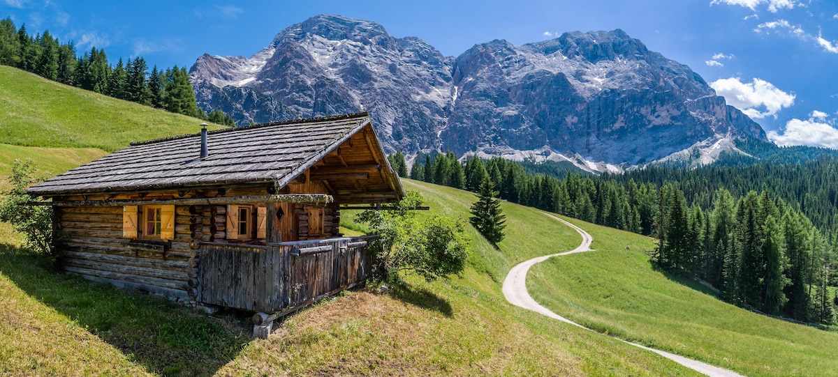 A rustic wooden cabin is set against a backdrop of majestic mountains and lush green hills. The structure features a covered porch with wooden railings and multiple windows, harmonizing with the natural landscape. A winding path leads through the verdant scenery.
