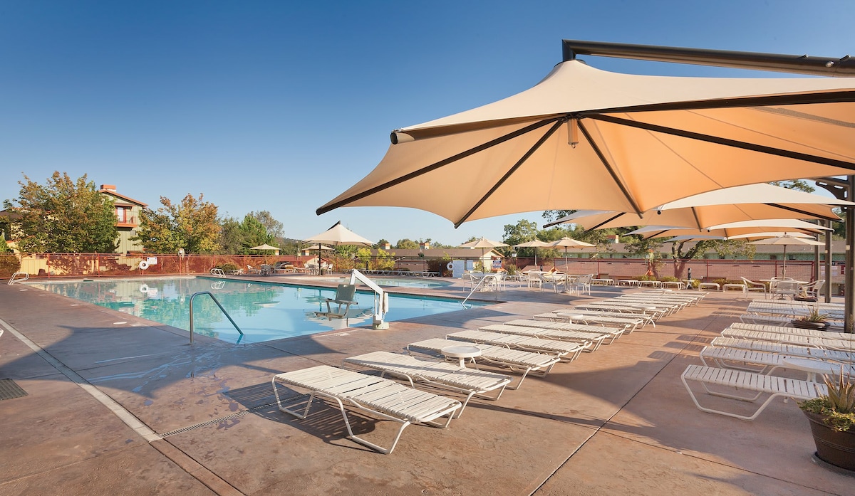 An outdoor swimming pool is surrounded by spacious lounge chairs under large sunshades. The clear water is inviting, with a few trees and landscaping visible in the background, providing a serene atmosphere for relaxation.
