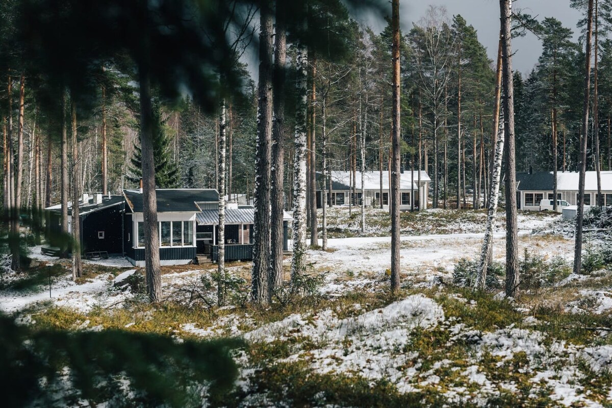 A cluster of cozy cabins is nestled among tall pine trees, surrounded by a blanket of snow. The peaceful landscape can be observed, highlighting the serene connection with nature in this secluded retreat.