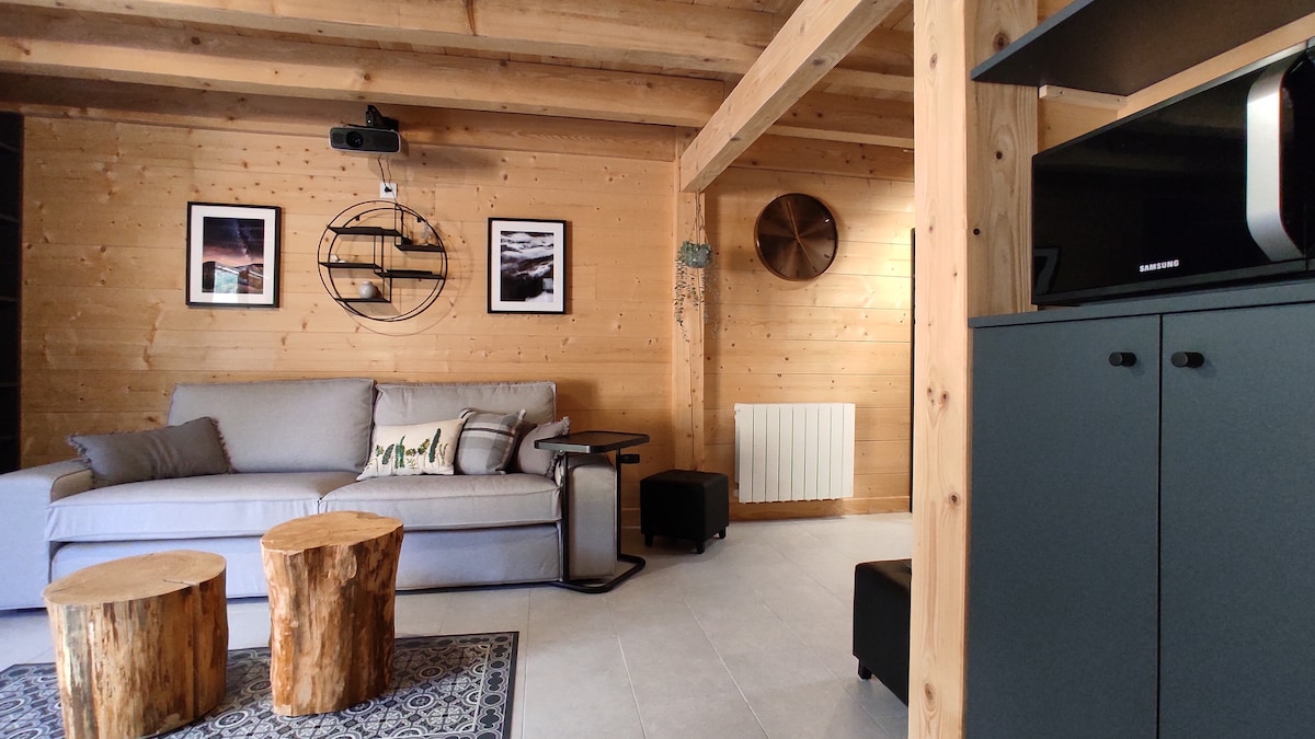 An open-plan living room features wooden walls and a cozy lounge area. A sofa is positioned beside two natural wood stools, while a smart TV and video projector are mounted on the wall. Decorative photographs and a circular shelf add subtle accents.