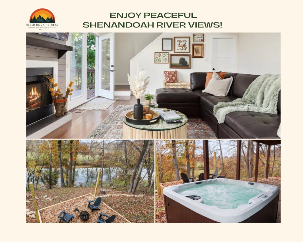 A comfortable living area features a large dark sofa positioned near a gas fireplace. A coffee table holds decorative items. Glass doors open to a deck showcasing views of the trees and river. An outdoor hot tub is visible, accompanied by seating around a fire pit.