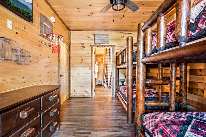 Perfect for kiddos of all ages, okay-even I have to admit, I have crashed on this twin bunk with my own babe, and it was comfy cozy! 2 twin size bunk beds to make 4 beds. Jack-n-Jill bathroom, easy in and out for fun on the 2nd floor living room, outdoor deck for Giant Jenga or another flight of stairs for the supper fun game room! Play all day and rest easy at night in this sweet bunk set up.