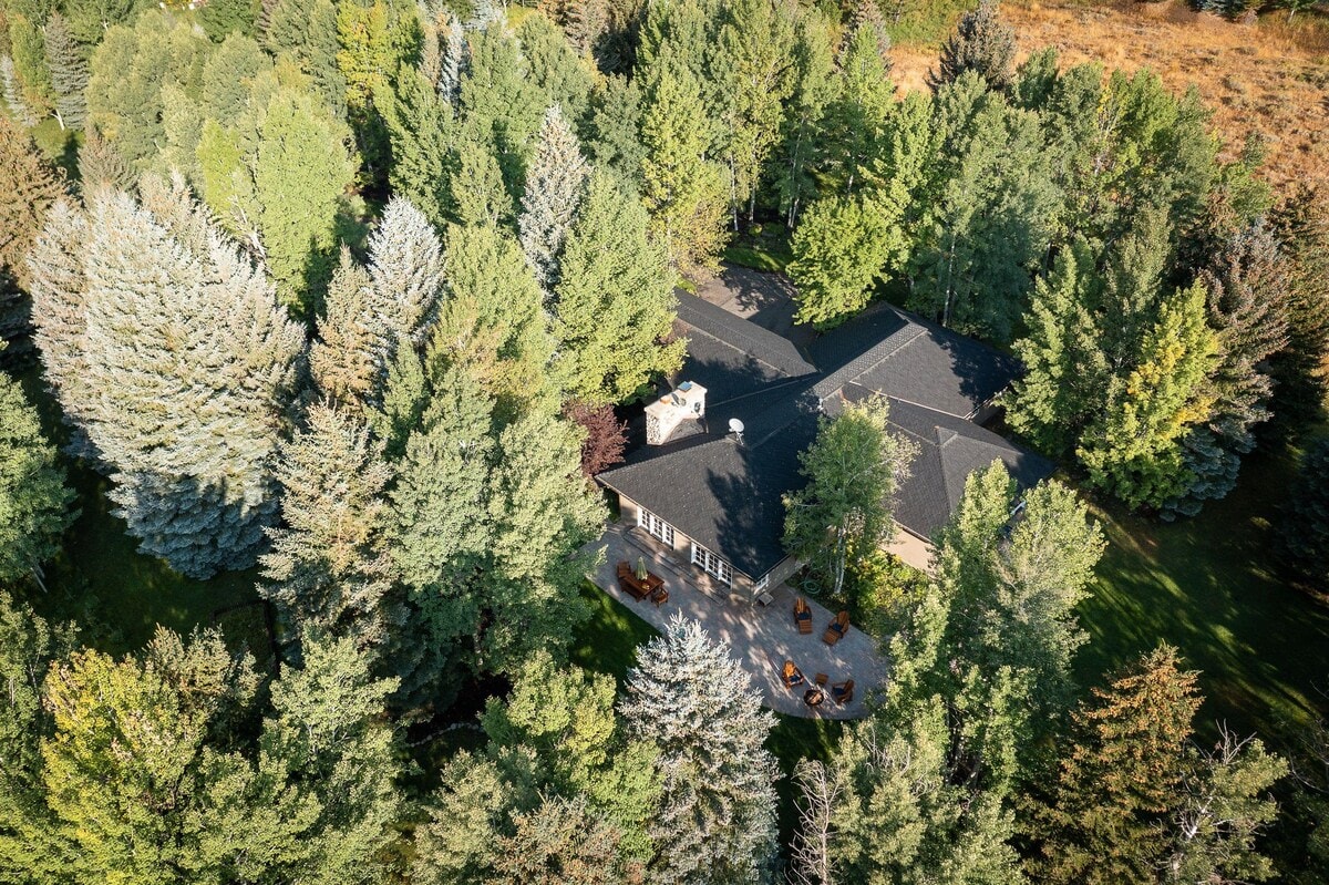 An aerial view showcases the home nestled among lush greenery, surrounded by a diverse array of trees. The spacious layout of the property is highlighted, with outdoor seating visible among the foliage, indicating a peaceful retreat in a natural setting.