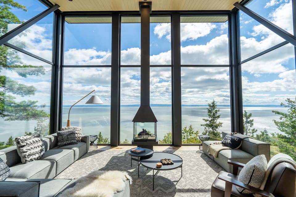 L'Onyx, a glass chalet above the St Lawrence, Petite-Rivière-Saint-François, Quebec, Canada, photo 1 of 10