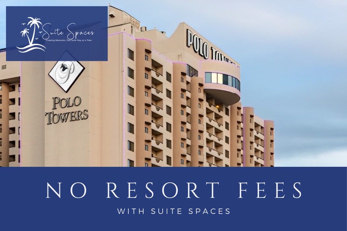 The exterior of Polo Towers is displayed against a cloudy sky, showcasing its modern architectural design. The building features large windows and a prominent sign displaying the name 'Polo Towers.' A banner across the image highlights the concept of 'No Resort Fees.'