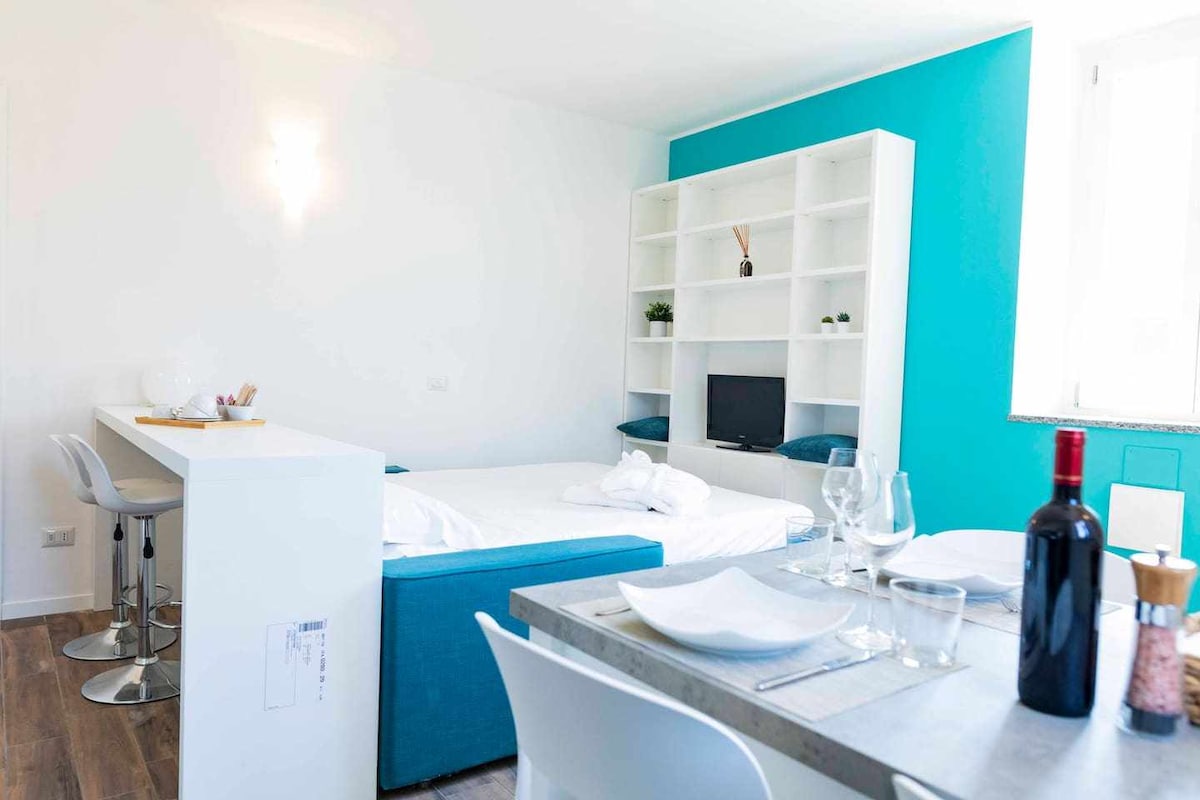 A well-lit living space features a spacious sofa bed positioned against a vibrant turquoise wall. A dining table is set for two with glassware and utensils. A white shelving unit holds decorative items, and a small television is situated nearby, enhancing the room's functionality.