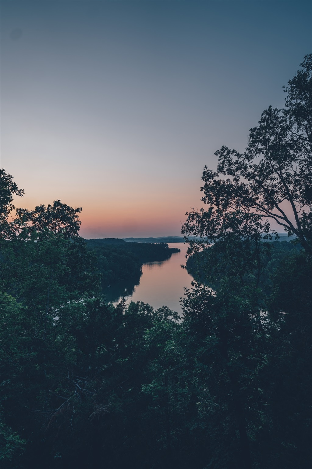 A serene view over Douglas Lake is captured at dusk. The calm water reflects soft hues of pink and purple from the sky, framed by lush green trees on either side. The natural landscape creates a tranquil ambiance, perfect for unwinding.