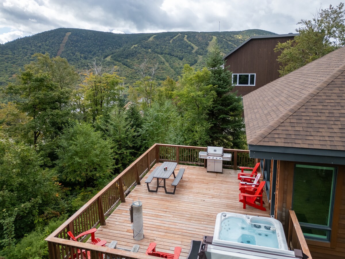 A spacious wooden terrace is showcased, featuring a hot tub and a BBQ grill. Red Adirondack chairs surround a picnic table, inviting outdoor relaxation. Lush trees provide a natural backdrop, and distant mountains are visible in the background under a cloudy sky.