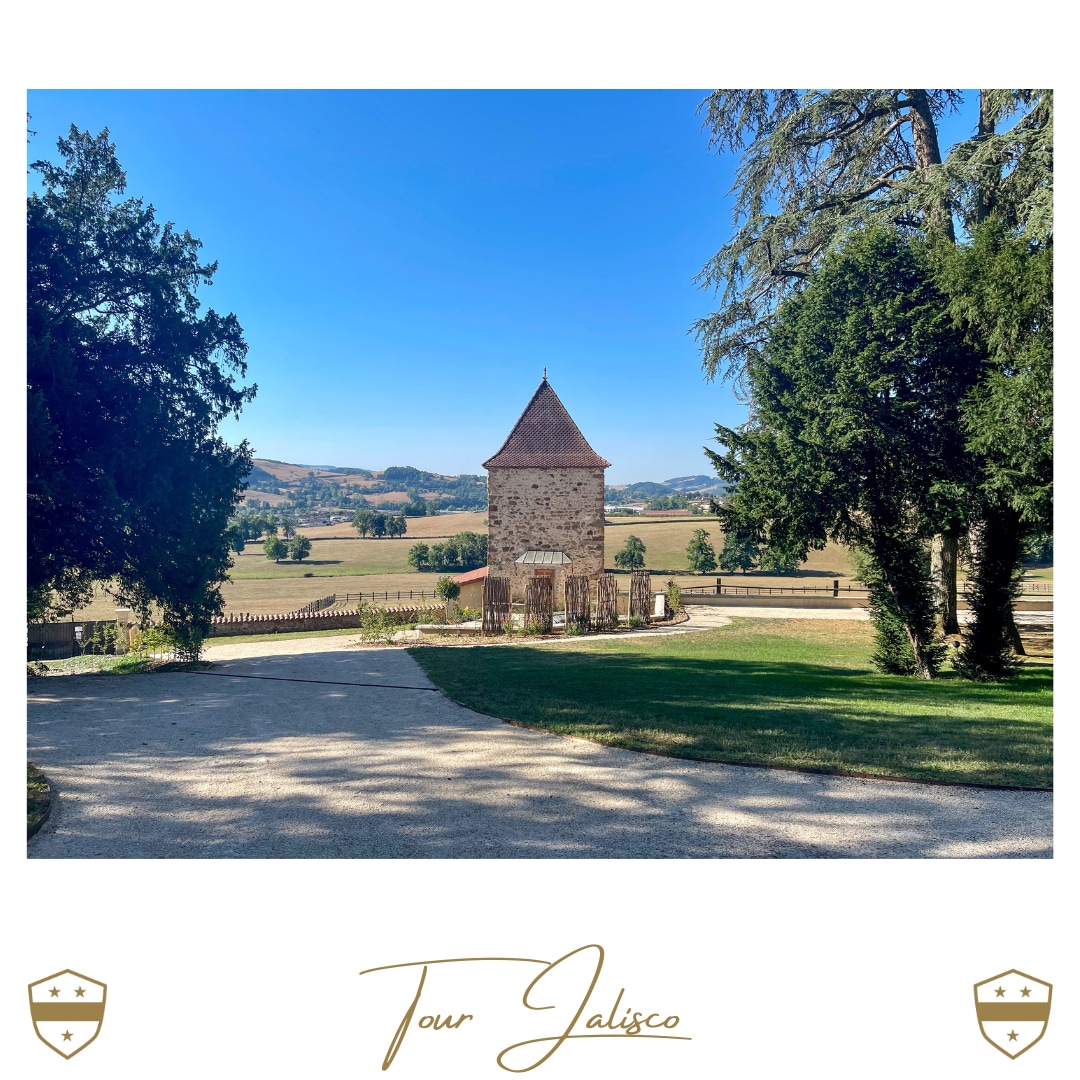 The image captures a stone tower, framed by lush greenery and a clear blue sky. Expansive fields extend into the distance, providing a serene backdrop. A gravel pathway leads up to the tower, enhancing the peaceful countryside setting.