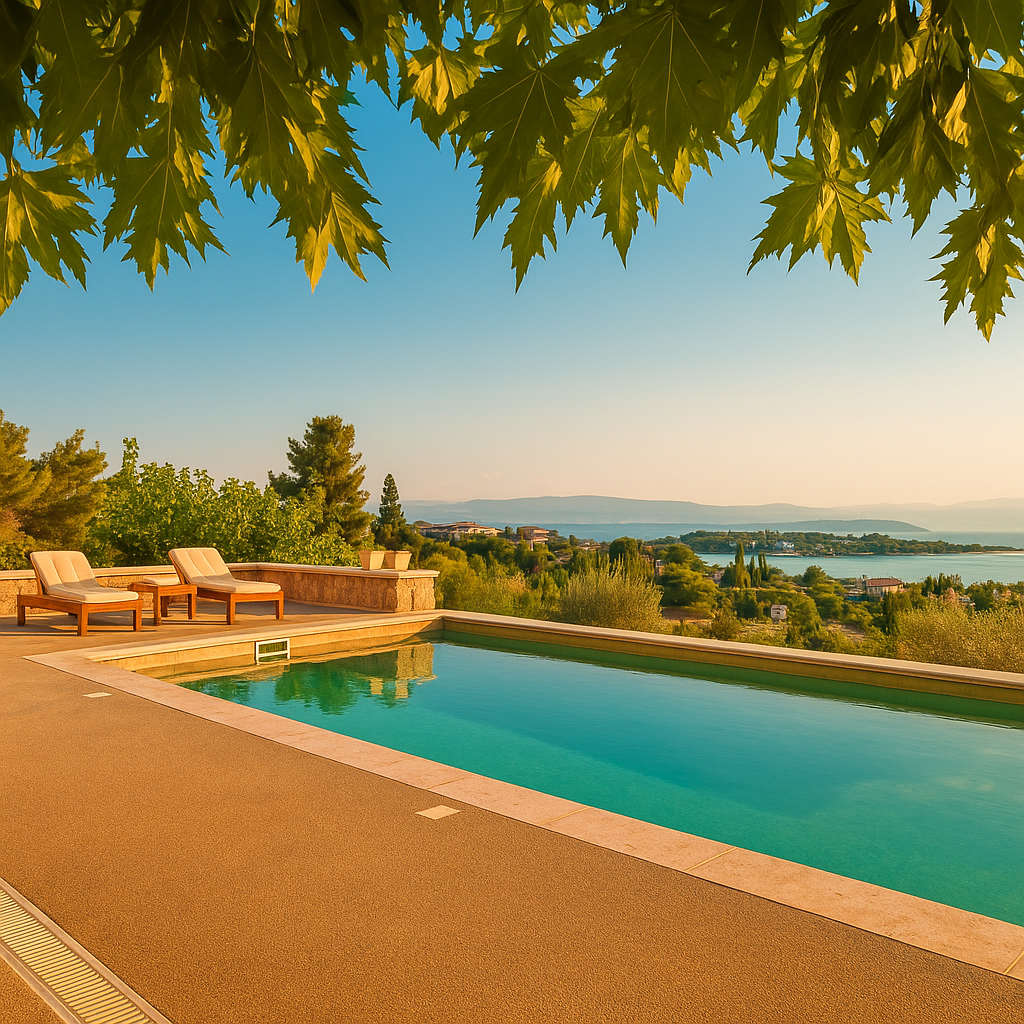 A tranquil pool area is framed by leafy tree branches, offering a serene view of the landscape and distant bay. Two lounge chairs sit beside the water, inviting relaxation in the warm sunlight.