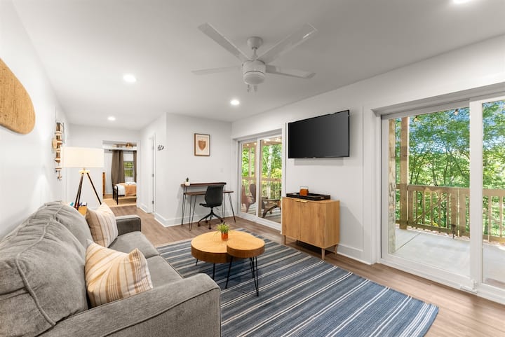 Downstairs living room with pullout couch, desk, and TV.