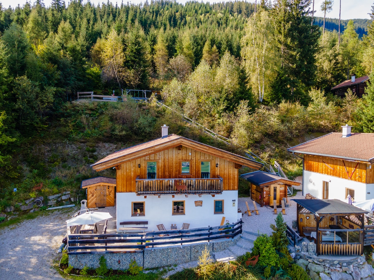 A charming chalet is positioned on a sunlit slope, surrounded by lush greenery. The exterior features wooden accents, a spacious terrace with seating, and a pathway leading to the entrance. A neighboring chalet is visible in the background, providing a sense of shared space amidst nature.