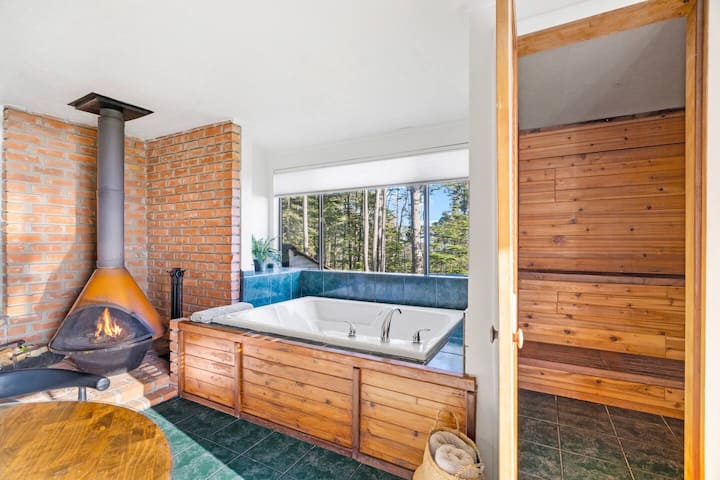 Room #1 is spacious with a wood burning fireplace, dry sauna, and jacuzzi hot tub.