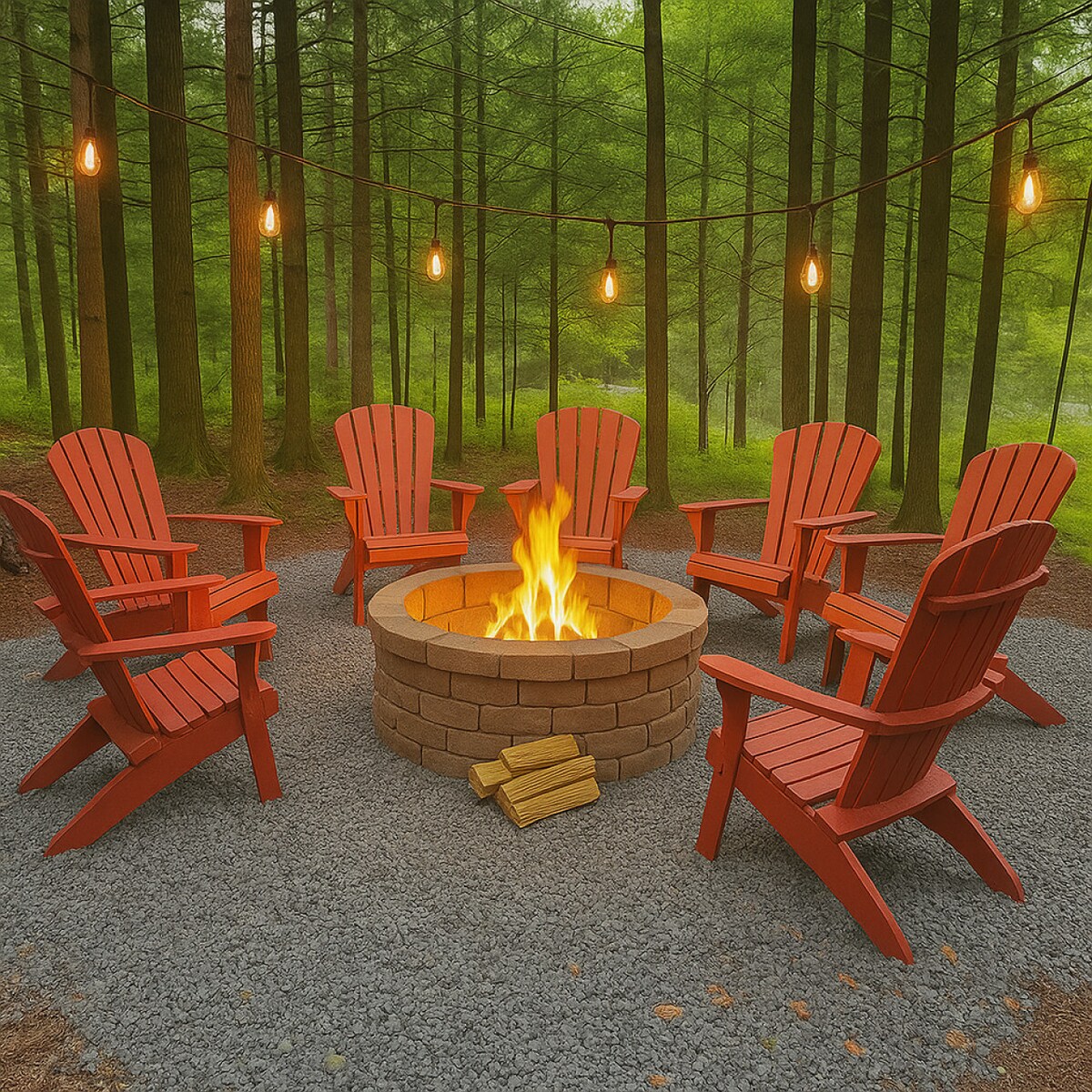 A circular stone fire pit is surrounded by six red Adirondack chairs, arranged for a cozy gathering. Soft ambient lighting is created by hanging bulbs above, casting a warm glow among the trees in the tranquil forest setting.