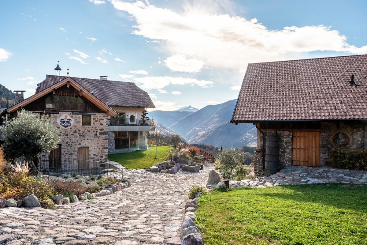 The image captures the exterior of a charming property set against a mountainous backdrop. The stone and wood architecture features a welcoming entrance, flanked by lush gardens and a well-maintained pathway leading to the homes. Soft natural light illuminates the scene, enhancing the natural surroundings.