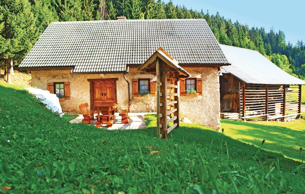A charming vacation home is nestled in a green meadow, surrounded by tall trees. The exterior features stone walls and a typical sloped roof. A wooden terrace with seating is visible in front, offering a peaceful outdoor space. The natural landscape provides a serene backdrop.