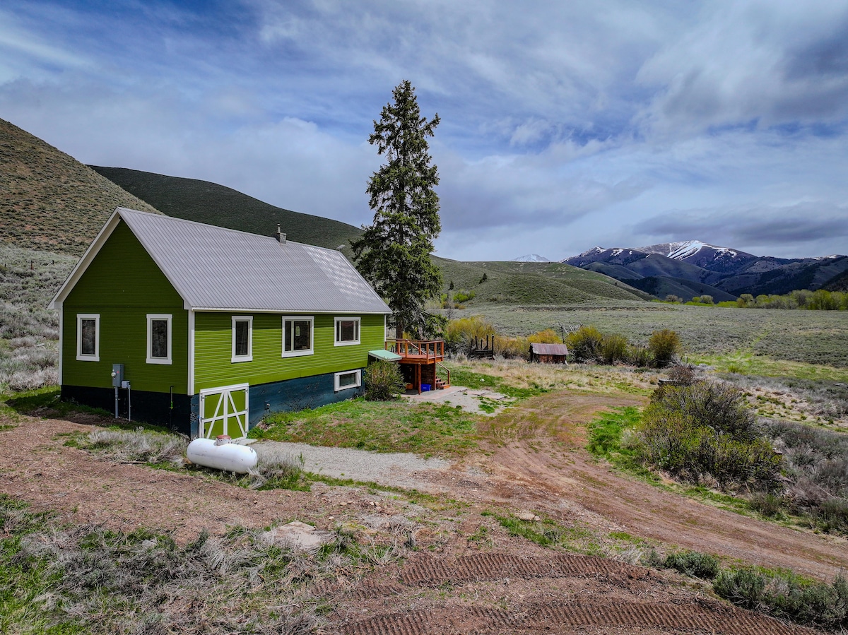 The restored farmhouse features vibrant green siding, set against scenic mountain views. A spacious outdoor deck is visible, complemented by a large tree nearby. The surrounding landscape showcases rolling hills and natural vegetation, enhancing the tranquil setting.