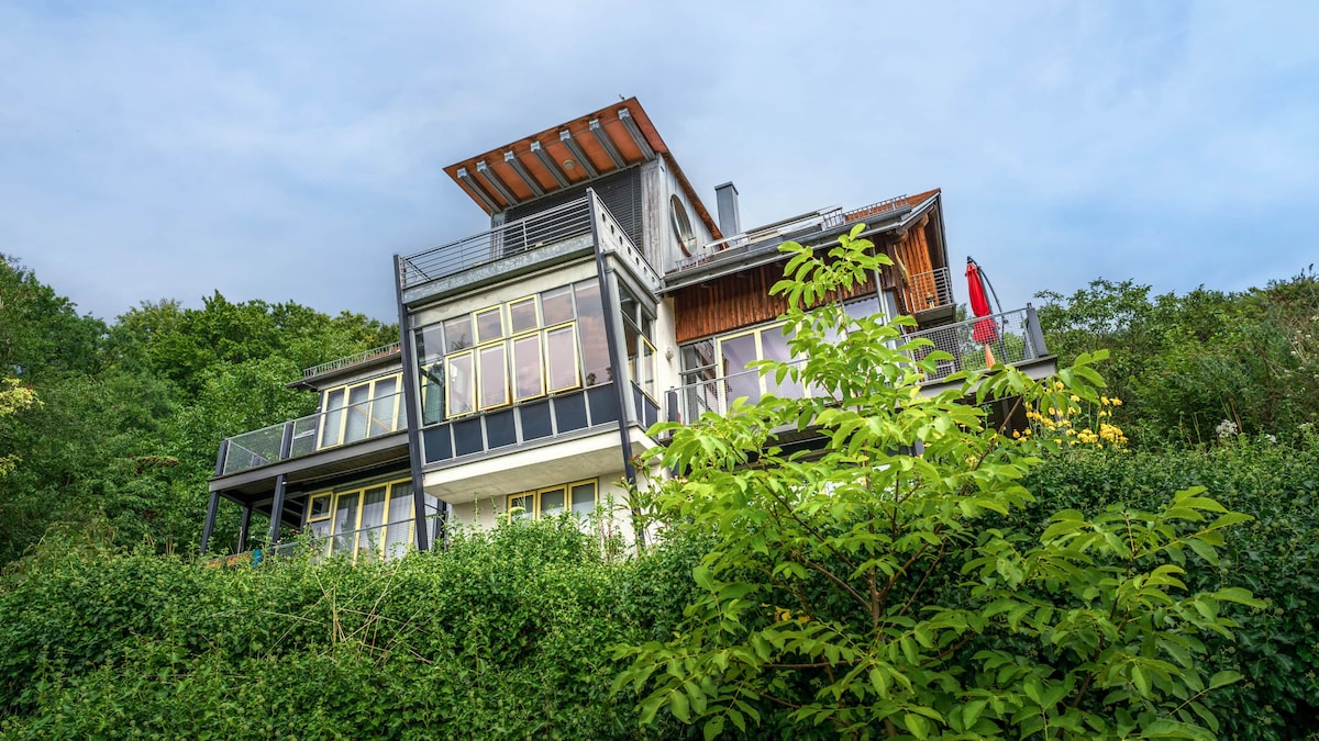 The exterior of the building features a modern design with multiple levels. Large windows provide views of the surrounding greenery, while a deck with railings extends from the upper floors. A vibrant red flag is visible, creating a striking contrast against the lush greenery.