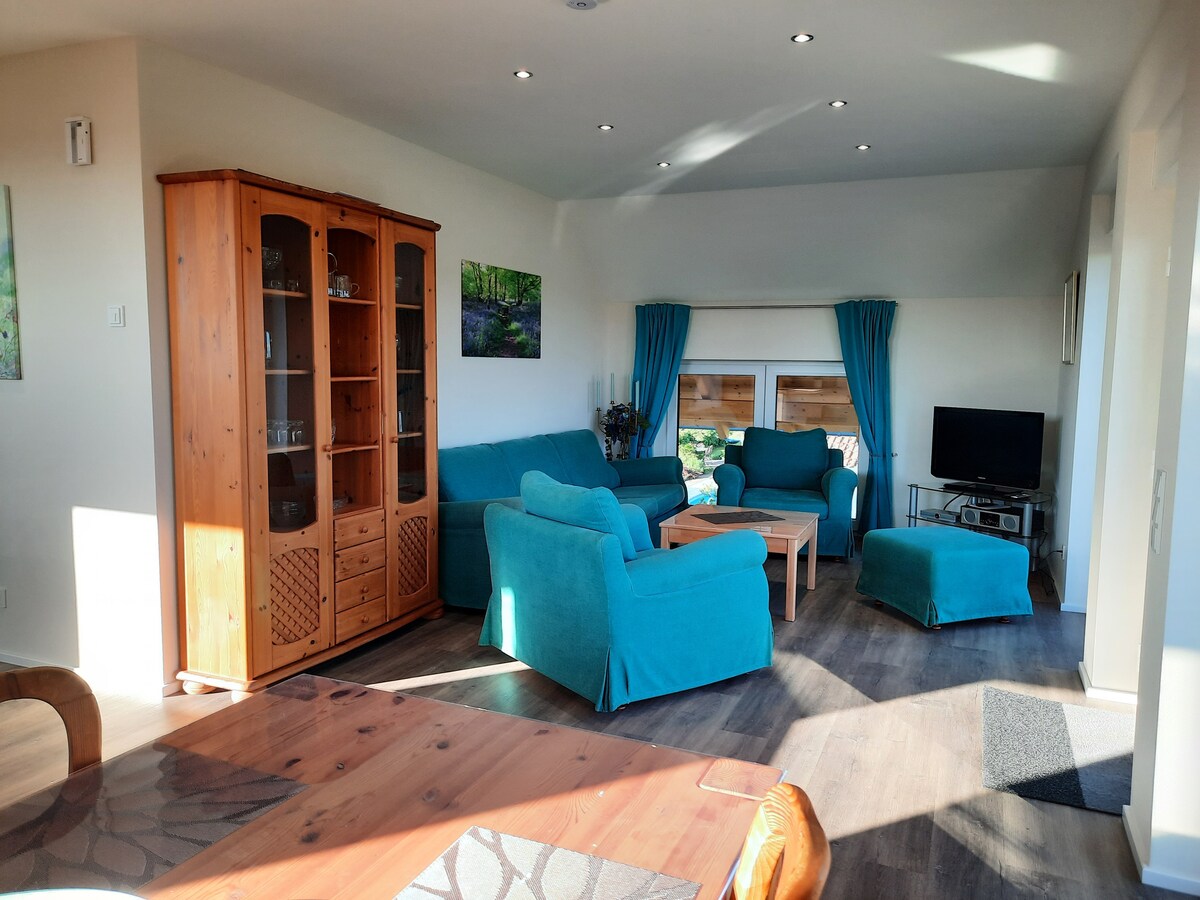 The living area features a bright and airy setting, with a cozy arrangement of teal sofas and armchair surrounding a wooden coffee table. Natural light floods the space through large windows, complemented by soft curtains. A wooden cabinet displays glassware, and a television is positioned in one corner.
