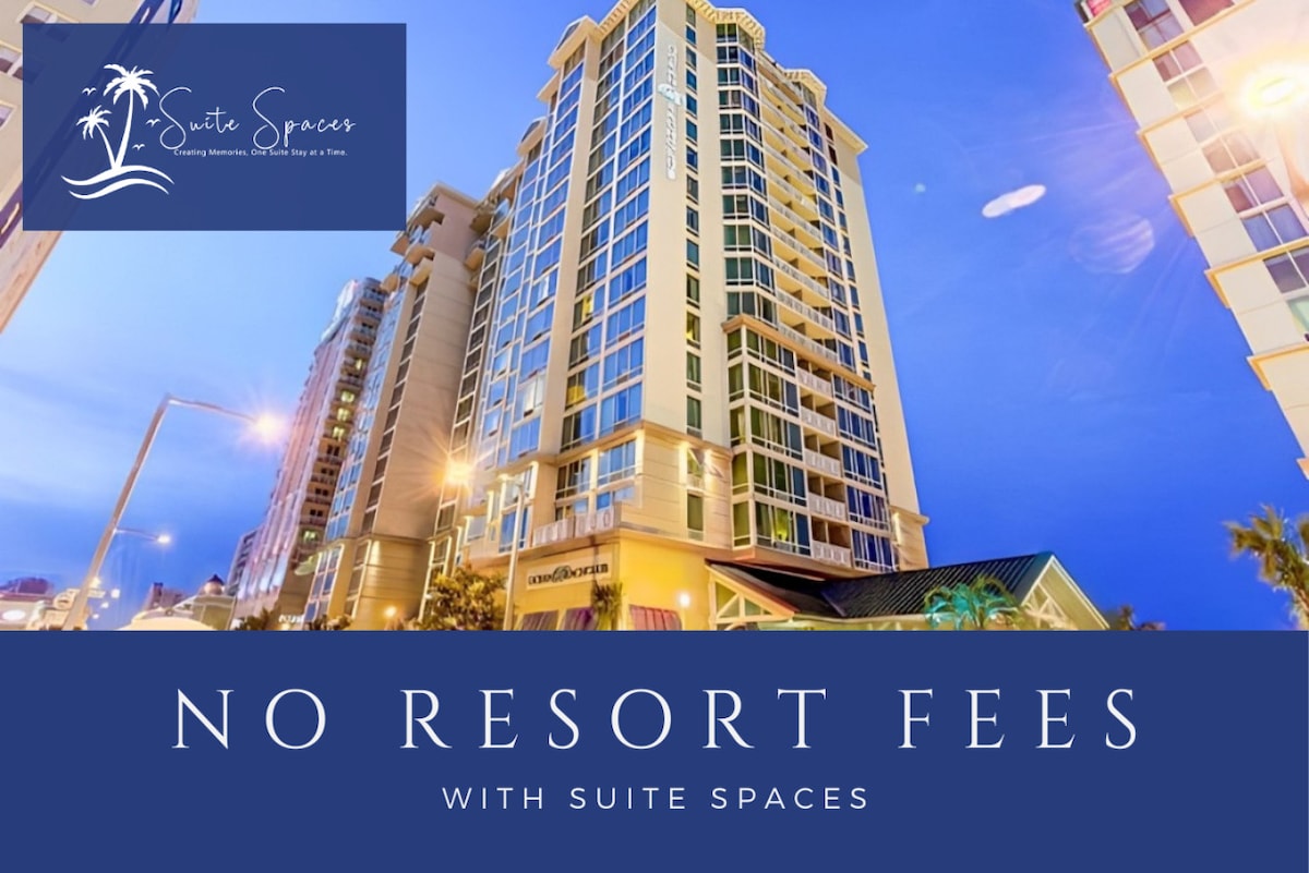 The image features a tall, modern hotel building elegantly illuminated at dusk. The facade showcases large windows and a contemporary design, highlighting the vibrant atmosphere of the area. A banner at the bottom emphasizes the message of no resort fees.