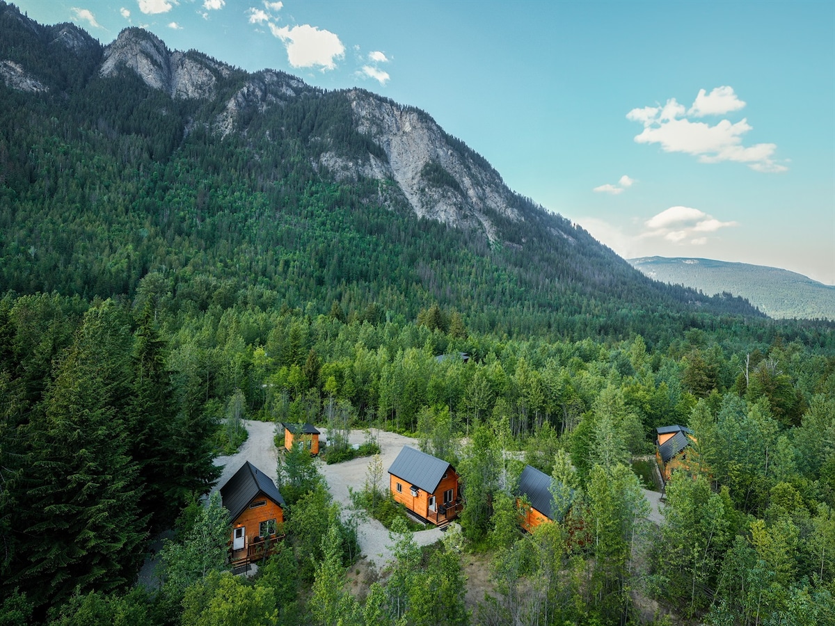 An aerial view of Luna Lodge's surrounding landscape reveals private lodges nestled within lush green trees, framed by the towering mountains in the background. The serene setting offers a blend of natural beauty and well-maintained paths leading to each lodge.